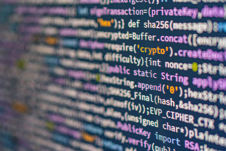Image of a focused computer screen displaying colorful lines of code, potentially JavaScript or...