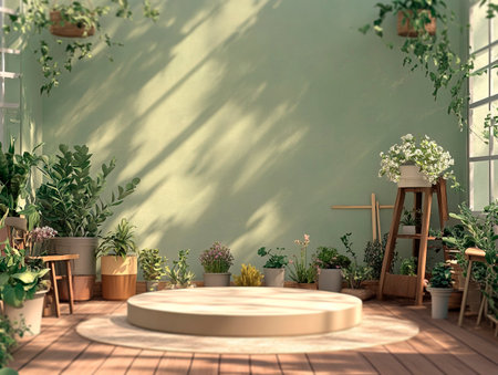 Central empty 3D podium in a quaint garden center, surrounded by potted plants and gardening tools. Color Scheme: Soft green and brown with white accents. --ar 4:3 --style raw --v 6.1 Job ID: 4f0aee06-d003-4b36-82e7-ba04ffbb621fの素材