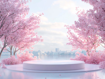 Central empty 3D podium in a riverside park, with cherry blossoms in full bloom and a gentle breeze. Color Scheme: Soft pink and blue with white highlights. --ar 4:3 --style raw --v 6.1 Job ID: 405cb154-a5a7-448b-a6f3-fa5f1f66f32aの素材