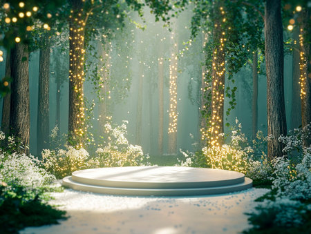 Central empty 3D podium in a romantic forest wedding, surrounded by tall trees, fairy lights, and enchanting decor. Color Scheme: Enchanted green and white with gold highlights. --ar 4:3 --style raw --v 6.1 Job ID: 2d31ed06-edaa-4778-ba6e-d899ce466ae4の素材