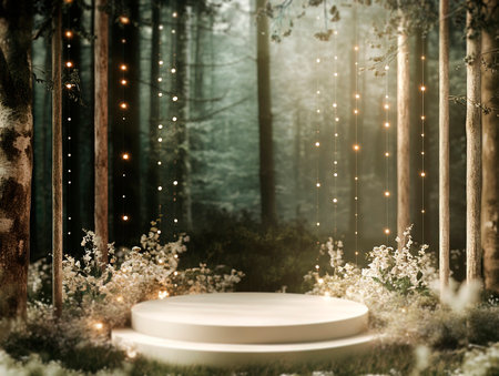 Central empty 3D podium in a romantic forest wedding, surrounded by tall trees, fairy lights, and enchanting decor. Color Scheme: Enchanted green and white with gold highlights. --ar 4:3 --style raw --v 6.1 Job ID: 8d526284-4adb-439c-87a1-8a19faa094cfの素材