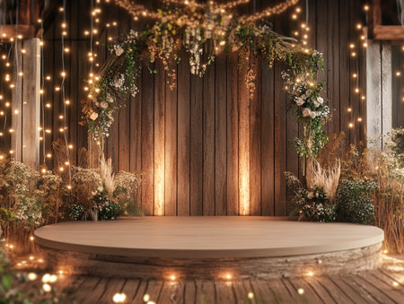 Central empty 3D podium in a rustic barn wedding setting, adorned with fairy lights, floral arrangements, and wooden decor elements. Color Scheme: Warm brown and white with green accents. --ar 4:3 --style raw --v 6.1 Job ID: de597869-1f84-4217-9100-ade3e69077a2の素材