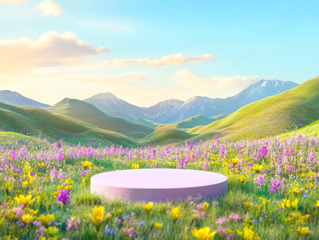 Central empty 3D podium in a scenic mountain meadow, with wildflowers in bloom and a clear blue sky. Color Scheme: Bright purple and yellow with green accents. --ar 4:3 --style raw --v 6.1 Job ID: 2c05f9d2-9709-4a2c-a483-95e336645fd2の素材