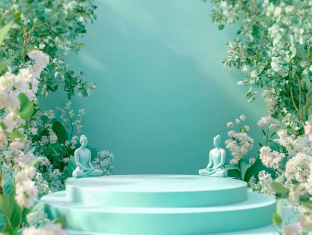 Central empty 3D podium in a serene park, with women practicing mindfulness and meditation, surrounded by blooming flowers and lush greenery. Color Scheme: Peaceful green and blue with white accents. --ar 4:3 --style raw --v 6.1 Job ID: c6260cb3-e120-422c-b142-a04376fbb60eの素材