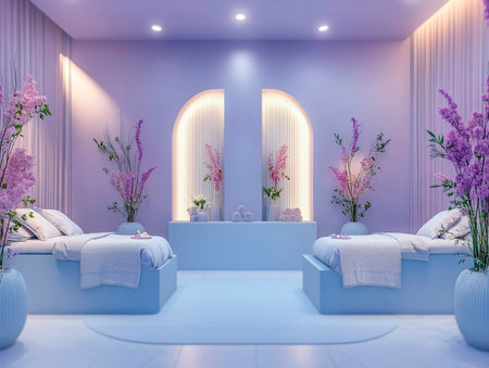 Central empty 3D podium in a spa retreat, with women receiving massages and facials, surrounded by calming decor and fresh flowers. Color Scheme: Relaxing blue and lavender with white highlights. --ar 4:3 --style raw --v 6.1 Job ID: 786cbe60-1258-43d3-a127-e9d480d83187の素材