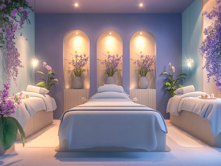 Central empty 3D podium in a spa retreat, with women receiving massages and facials, surrounded by calming decor and fresh flowers. Color Scheme: Relaxing blue and lavender with white highlights. --ar 4:3 --style raw --v 6.1 Job ID: fc7fac9f-d5cc-462a-ad83-58913da1751cの素材