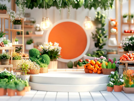 Central empty 3D podium in a springtime farmer's market, surrounded by fresh produce, flowers, and handmade goods. Color Scheme: Warm orange and green with white accents. --ar 4:3 --style raw --v 6.1 Job ID: ebd0e751-088e-42a0-9b47-123b6b96cceeの素材