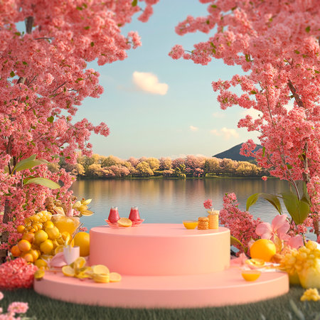 Central empty 3D podium in a springtime picnic setting by a lake, with blooming flowers, fresh fruits, and snacks. Color Scheme: Bright pink and yellow --style raw --v 6.1 Job ID: 23d8246d-9d83-4033-a460-eb0688fc1fc8の素材