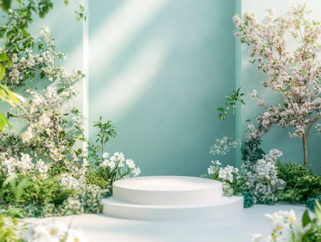 Central empty 3D podium in a springtime wellness retreat, with blooming flowers, lush greenery, and a tranquil setting. Color Scheme: Soft green and blue with white accents. --ar 4:3 --style raw --v 6.1 Job ID: 862d05d4-488c-4af6-bdd0-a71f12e2b416の素材