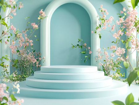Central empty 3D podium in a springtime wellness retreat, with blooming flowers, lush greenery, and a tranquil setting. Color Scheme: Soft green and blue with white accents. --ar 4:3 --style raw --v 6.1 Job ID: 93e5f90f-257e-4225-9ab7-d6158bcd7807の素材