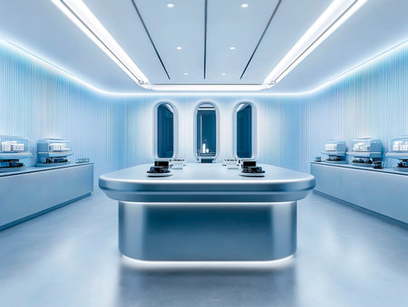 Central empty 3D podium in a tech hub, showcasing women in technology, with futuristic decor and gadgets. Color Scheme: Sleek silver and blue with white accents. --ar 4:3 --style raw --v 6.1 Job ID: 7e55ab85-0f96-4e3b-b43c-53dfcb297babの素材