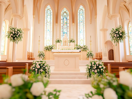 Central empty 3D podium in a traditional church wedding, with beautiful stained glass windows, wooden pews, and classic floral arrangements. Color Scheme: Classic white and green with gold accents. --ar 4:3 --style raw --v 6.1 Job ID: 9c32353d-1b11-4a23-bae5-a026ba36bc5bの素材