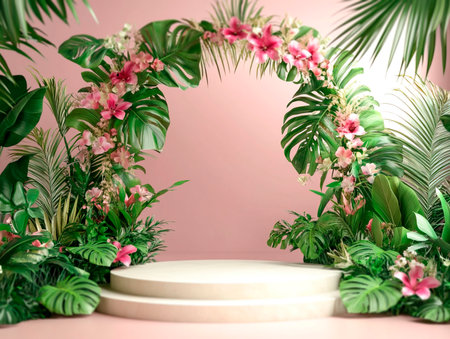 Central empty 3D podium in a tropical paradise wedding, with an arch made of palm leaves, vibrant exotic flowers, and marine elements. Color Scheme: Tropical green and pink with white highlights. --ar 4:3 --style raw --v 6.1 Job ID: 32b73dae-cda6-444c-a920-b4c5f0cb7164の素材