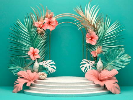 Central empty 3D podium in a tropical paradise wedding, with an arch made of palm leaves, vibrant exotic flowers, and marine elements. Color Scheme: Tropical green and pink with white highlights. --ar 4:3 --style raw --v 6.1 Job ID: 32b73dae-cda6-444c-a920-b4c5f0cb7164の素材