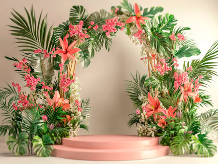 Central empty 3D podium in a tropical paradise wedding, with an arch made of palm leaves, vibrant exotic flowers, and marine elements. Color Scheme: Tropical green and pink with white highlights. --ar 4:3 --style raw --v 6.1 Job ID: 358d982f-4a8c-4388-bea1-0117b167599dの素材