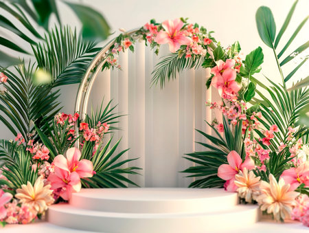 Central empty 3D podium in a tropical paradise wedding, with an arch made of palm leaves, vibrant exotic flowers, and marine elements. Color Scheme: Tropical green and pink with white highlights. --ar 4:3 --style raw --v 6.1 Job ID: 358d982f-4a8c-4388-bea1-0117b167599dの素材