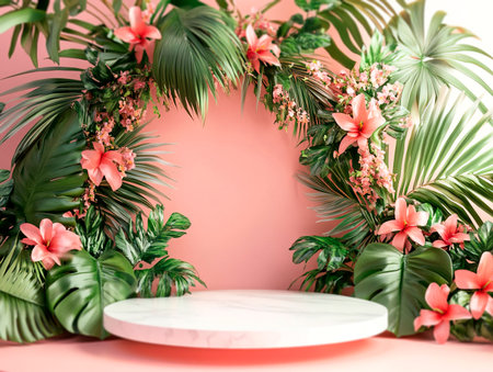 Central empty 3D podium in a tropical paradise wedding, with an arch made of palm leaves, vibrant exotic flowers, and marine elements. Color Scheme: Tropical green and pink with white highlights. --ar 4:3 --style raw --v 6.1 Job ID: 358d982f-4a8c-4388-bea1-0117b167599dの素材