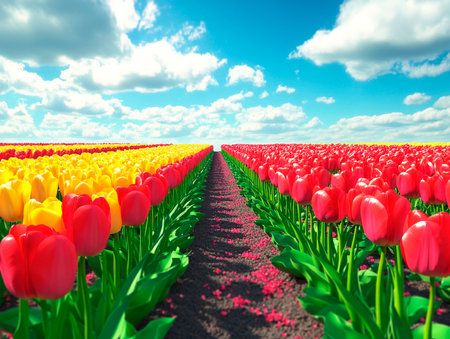 Central empty 3D podium in a vibrant tulip field, with rows of colorful tulips stretching into the distance. Color Scheme: Bright red and yellow with green accents. --ar 4:3 --style raw --v 6.1 Job ID: 5879dff6-1ee0-4954-92c7-ab46fc25af32の素材