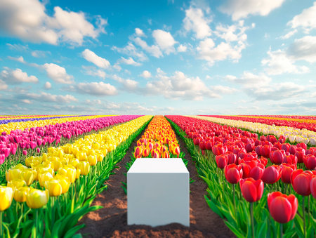 Central empty 3D podium in a vibrant tulip field, with rows of colorful tulips stretching into the distance. Color Scheme: Bright red and yellow with green accents. --ar 4:3 --style raw --v 6.1 Job ID: 5879dff6-1ee0-4954-92c7-ab46fc25af32の素材