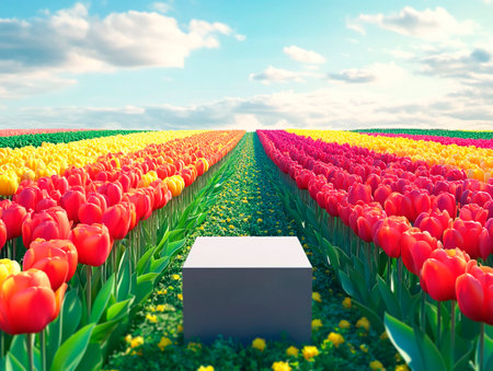 Central empty 3D podium in a vibrant tulip field, with rows of colorful tulips stretching into the distance. Color Scheme: Bright red and yellow with green accents. --ar 4:3 --style raw --v 6.1 Job ID: 970177a3-39b2-4b24-be13-e80f1b9a5e29の素材