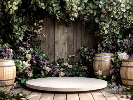 Central empty 3D podium in a vineyard wedding, surrounded by grapevines, rustic barrels, and elegant floral arrangements. Color Scheme: Earthy green and white with purple highlights. --ar 4:3 --style raw --v 6.1 Job ID: af2182b8-4137-4164-8d81-878c93c6e691の素材