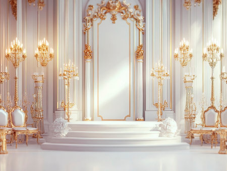 Central empty 3D podium in a vintage glamor wedding, decorated with gold and silver elements, candelabras, and antique mirrors. Color Scheme: Elegant gold and silver with white accents. --ar 4:3 --style raw --v 6.1 Job ID: acb26f50-ad52-43e4-8647-1e424e08dabaの素材