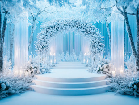 Central empty 3D podium in a winter wonderland wedding, set in a snowy forest, decorated with snowflakes, white flowers, and ice sculptures, creating a winter fairytale. Color Scheme: Icy blue and white with silver accents. --ar 4:3 --style raw --v 6.1 Job ID: 74377604-c285-40de-81ef-a41e99bd6a7cの素材