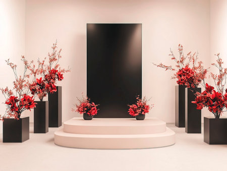Central empty 3D podium in an art gallery wedding, featuring modern art pieces, minimalist decor, and chic floral arrangements. Color Scheme: Artistic black and white with red highlights. --ar 4:3 --style raw --v 6.1 Job ID: 2b5b6565-f117-4e8a-95ad-4151dafaa209の素材
