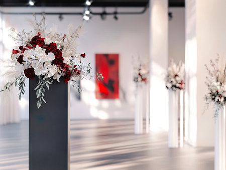 Central empty 3D podium in an art gallery wedding, featuring modern art pieces, minimalist decor, and chic floral arrangements. Color Scheme: Artistic black and white with red highlights. --ar 4:3 --style raw --v 6.1 Job ID: eb4cc100-2da4-4e85-9784-b0903e81dc2aの素材