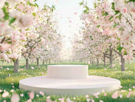 Central empty 3D podium in an orchard with blossoming fruit trees, petals falling gently to the ground. Color Scheme: Soft white and light green with pink highlights. --ar 4:3 --style raw --v 6.1 Job ID: 65cce410-5772-49fa-be78-131c1fcc56dfの素材