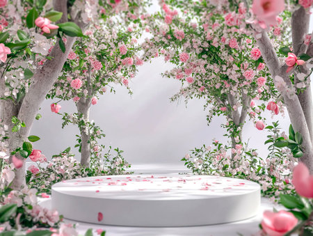 Central empty 3D podium in an orchard with blossoming fruit trees, petals falling gently to the ground. Color Scheme: Soft white and light green with pink highlights. --ar 4:3 --style raw --v 6.1 Job ID: 5bfdb7eb-4c49-48ba-893b-15569ca73b24の素材
