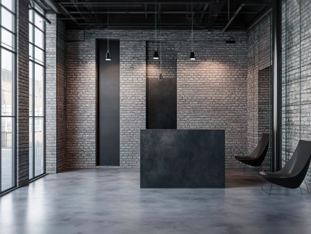 Central empty 3D podium in an urban loft wedding, featuring brick walls, metal elements, and stylish urban decor. Color Scheme: Industrial gray and white with black accents. --ar 4:3 --style raw --v 6.1 Job ID: 7e5d2a1a-9271-4416-9970-7a7b60a4d0faの素材