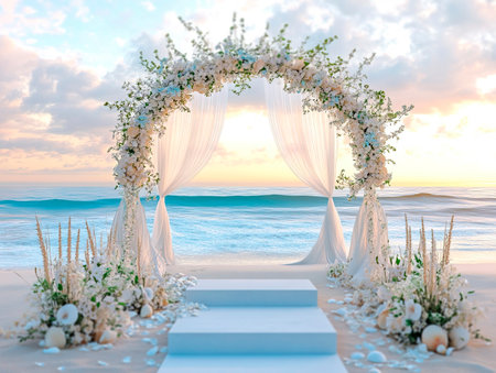 Central empty 3D podium on a beachfront ceremony, featuring an arch decorated with seashells, flowers, and tulle, overlooking the ocean and sunset. Color Scheme: Soft blue and white with sandy beige accents. --ar 4:3 --style raw --v 6.1 Job ID: abee4279-0a69-4d59-9e8f-c4999a82f756の素材