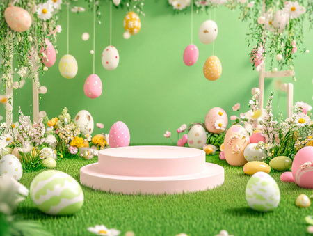 Central empty 3D podium on a lawn decorated with Easter eggs, flowers, and festive decor, creating a celebratory mood. Color Scheme: Bright pink and light green with white highlights. --ar 4:3 --style raw --v 6.1 Job ID: 5ea956d6-a5b2-4178-9cbd-43ec04ad263bの素材