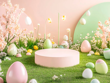 Central empty 3D podium on a lawn decorated with Easter eggs, flowers, and festive decor, creating a celebratory mood. Color Scheme: Bright pink and light green with white highlights. --ar 4:3 --style raw --v 6.1 Job ID: a74a768b-4812-48ba-89d3-0836a862d7f9の素材