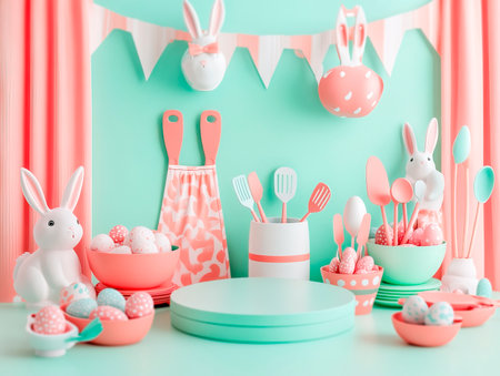 Central empty 3D podium surrounded by Easter-themed kitchenware, featuring bunny-shaped utensils, pastel-colored bowls, and festive aprons. The background is vibrant and inviting. Color Scheme: Mint green and coral with white highlights. --ar 4:3 --style raw --v 6.1 Job ID: 1cec6481-a057-45f9-99ed-05d206f4abdfの素材