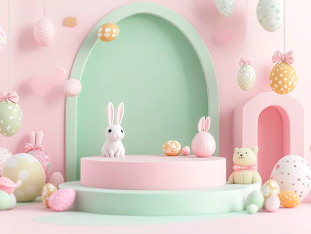 Central empty 3D podium surrounded by Easter-themed pet accessories, such as bunny ears for pets, festive collars, and toys. The setting is adorable and fun. Color Scheme: Light pink and soft green with white accents. --ar 4:3 --style raw --v 6.1 Job ID: 1da73484-4faf-43af-8e49-32ff6e2fe7aeの素材