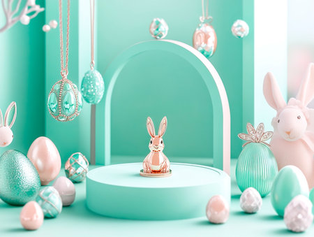 Central empty 3D podium surrounded by Easter-themed jewelry, such as bunny and egg pendants, and pastel-colored gemstones. The background is sophisticated and charming. Color Scheme: Rose gold and mint green with white highlights. --ar 4:3 --style raw --v 6.1 Job ID: 23461cfe-bbdc-434e-b317-c8d2e3de65e2の素材