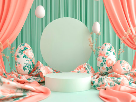 Central empty 3D podium surrounded by Easter-themed tablecloths and napkins with festive prints. The background is elegant and welcoming. Color Scheme: Light green and coral with white highlights. --ar 4:3 --style raw --v 6.1 Job ID: 3527e3d0-4717-4fd2-9918-4abc6c670f4bの素材