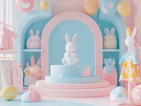 Central empty 3D podium surrounded by Easter-themed kids' clothing and accessories, featuring bunny and egg designs. The setting is cute and playful. Color Scheme: Pastel blue and pink with white accents. --ar 4:3 --style raw --v 6.1 Job ID: 354347e8-343a-460d-a8b7-a2e80ff01953の素材