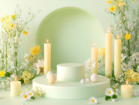 Central empty 3D podium surrounded by Easter-themed candles and home fragrances in scents like fresh flowers and spring rain. The setting is cozy and aromatic. Color Scheme: Light green and pale yellow with white accents. --ar 4:3 --style raw --v 6.1 Job ID: 365a9872-53d4-46a0-b742-6be5778a02dcの素材