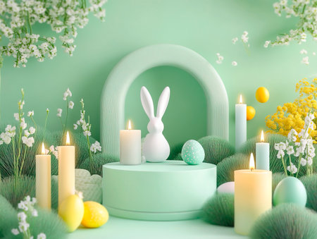 Central empty 3D podium surrounded by Easter-themed candles and home fragrances in scents like fresh flowers and spring rain. The setting is cozy and aromatic. Color Scheme: Light green and pale yellow with white accents. --ar 4:3 --style raw --v 6.1 Job ID: 365a9872-53d4-46a0-b742-6be5778a02dcの素材