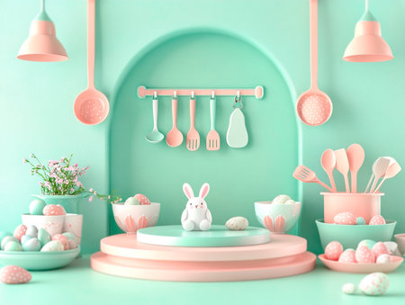 Central empty 3D podium surrounded by Easter-themed kitchenware, featuring bunny-shaped utensils, pastel-colored bowls, and festive aprons. The background is vibrant and inviting. Color Scheme: Mint green and coral with white highlights. --ar 4:3 --style raw --v 6.1 Job ID: 4efcb046-7b12-49fc-8be2-8da45877ebd3の素材