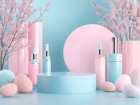 Central empty 3D podium surrounded by Easter-themed skincare and beauty products, featuring pastel packaging and spring scents. The background is fresh and luxurious. Color Scheme: Light pink and baby blue with white highlights. --ar 4:3 --style raw --v 6.1 Job ID: 6b82e504-ed6c-47cc-b1f8-6c4c44c6dbc7の素材