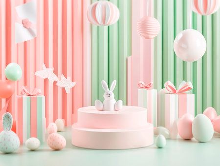 Central empty 3D podium surrounded by Easter-themed gift wrapping supplies, featuring festive paper, ribbons, and tags. The setting is cheerful and creative. Color Scheme: Soft pink and pastel green with white accents. --ar 4:3 --style raw --v 6.1 Job ID: 7274c43a-3d79-464a-a520-e747133c4006の素材
