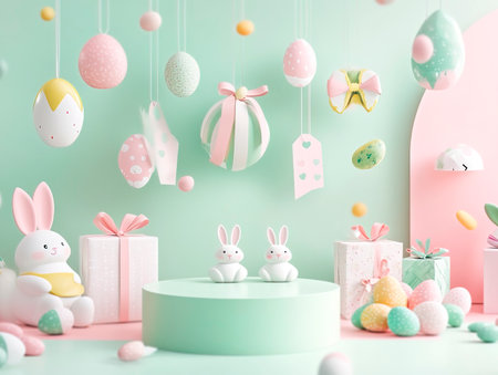 Central empty 3D podium surrounded by Easter-themed gift wrapping supplies, featuring festive paper, ribbons, and tags. The setting is cheerful and creative. Color Scheme: Soft pink and pastel green with white accents. --ar 4:3 --style raw --v 6.1 Job ID: 7274c43a-3d79-464a-a520-e747133c4006の素材