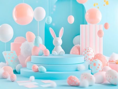 Central empty 3D podium surrounded by Easter-themed stationery, including greeting cards, stickers, and notepads. The background is creative and cheerful. Color Scheme: Soft blue and pink with white highlights. --ar 4:3 --style raw --v 6.1 Job ID: 755c3ab0-3ee8-49c0-955a-44e239b405f8の素材