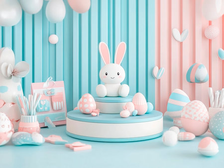 Central empty 3D podium surrounded by Easter-themed stationery, including greeting cards, stickers, and notepads. The background is creative and cheerful. Color Scheme: Soft blue and pink with white highlights. --ar 4:3 --style raw --v 6.1 Job ID: 755c3ab0-3ee8-49c0-955a-44e239b405f8の素材
