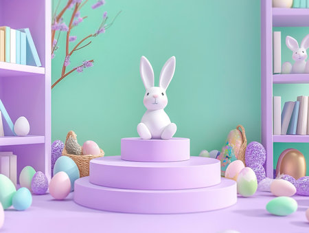 Central empty 3D podium surrounded by Easter-themed books and stories for children, featuring colorful illustrations and engaging tales. The setting is cozy and inviting. Color Scheme: Light purple and soft green with white accents. --ar 4:3 --style raw --v 6.1 Job ID: 93e22f04-dec3-400e-ab95-d8f98c03284aの素材
