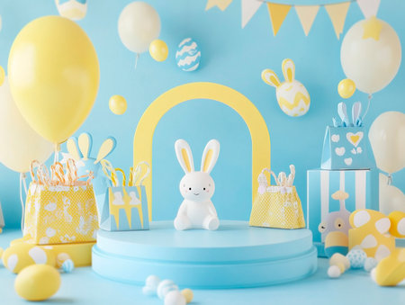 Central empty 3D podium surrounded by Easter-themed party favors and goodie bags for kids. The setting is playful and festive. Color Scheme: Pastel blue and yellow with white accents. --ar 4:3 --style raw --v 6.1 Job ID: 98db44af-0a3f-44db-b83b-4a3bab7ed4d4の素材